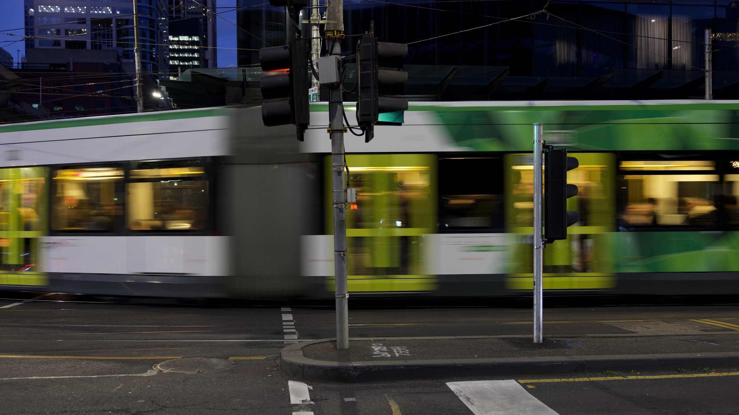 Ding Ding. Some of the longest trams in Melbourne round this corner at the bottom of Bourke St and onto Spencer Street